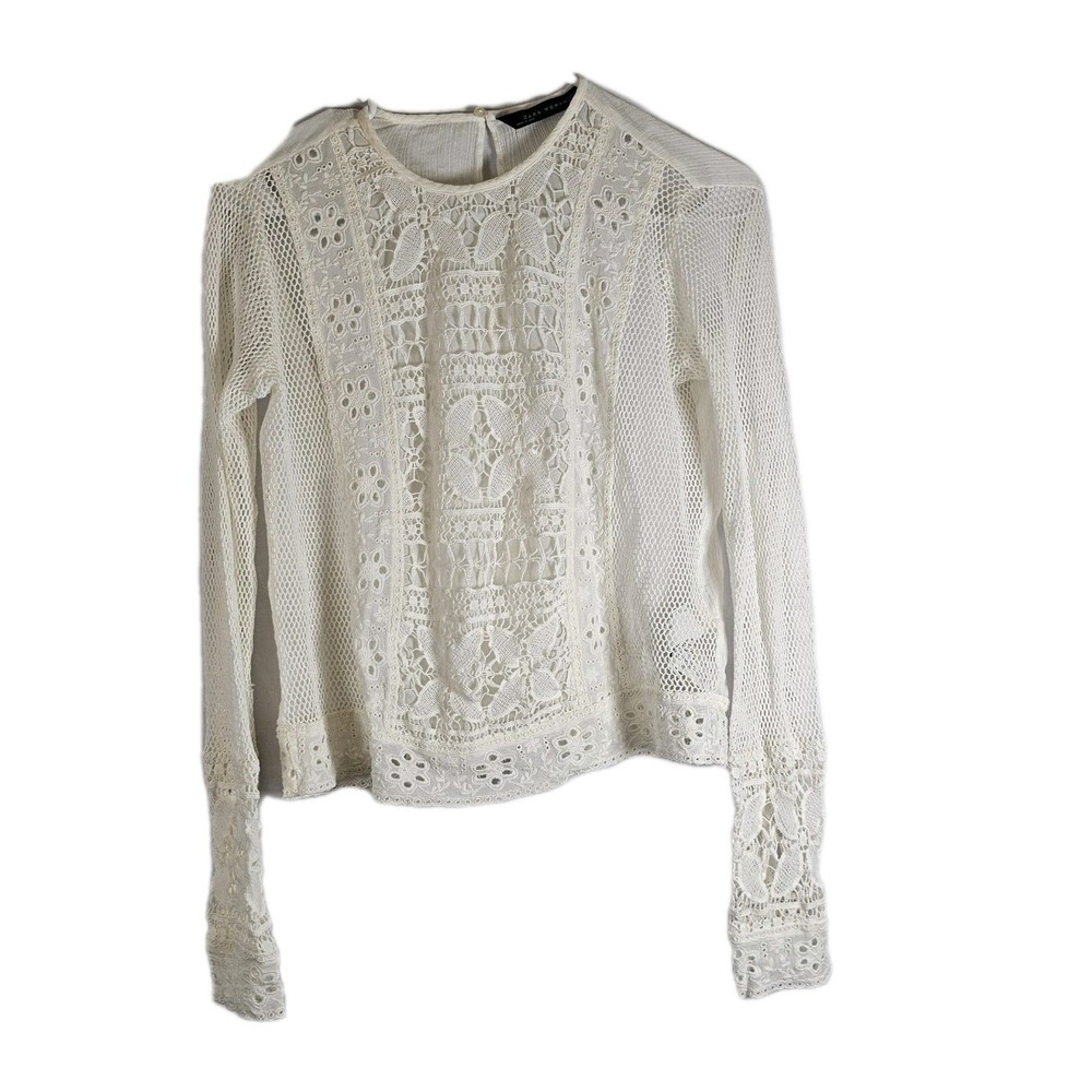 Zara Contrasting EMBROIDERY Knit Sheer Mesh Long Sleeve Blouse White Size Medium